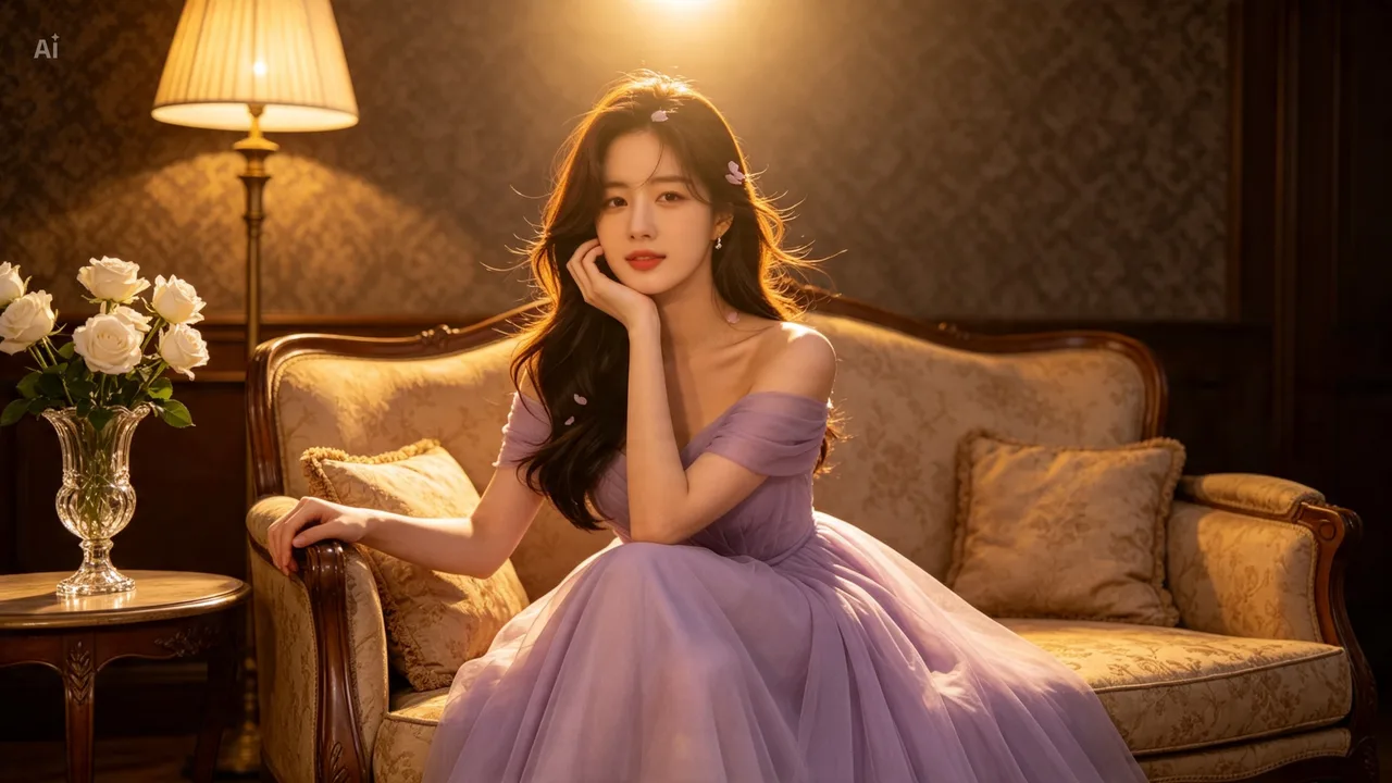 하단점 앤티크 소파에서 우아하게 앉아있는 모습