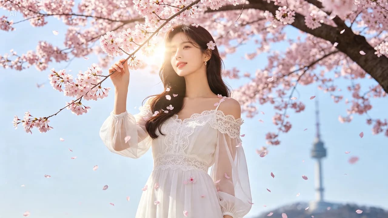 하단 벚꽃과 도심 야경이 어우러진 모습