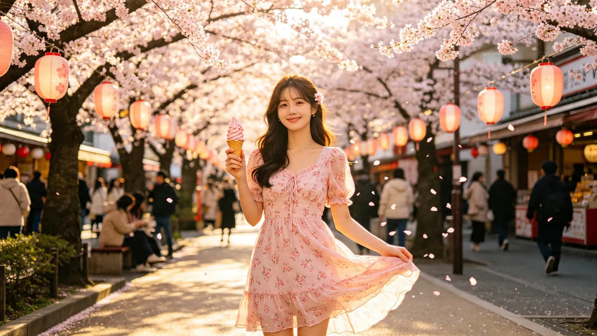 명지 벚꽃 축제거리에서 아이스크림을 든 모습