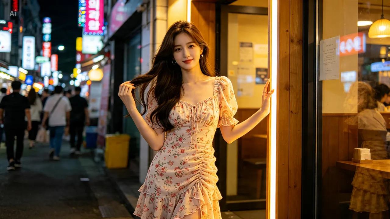 서면 번화가 음식점 앞에서 환하게 웃는 모습
