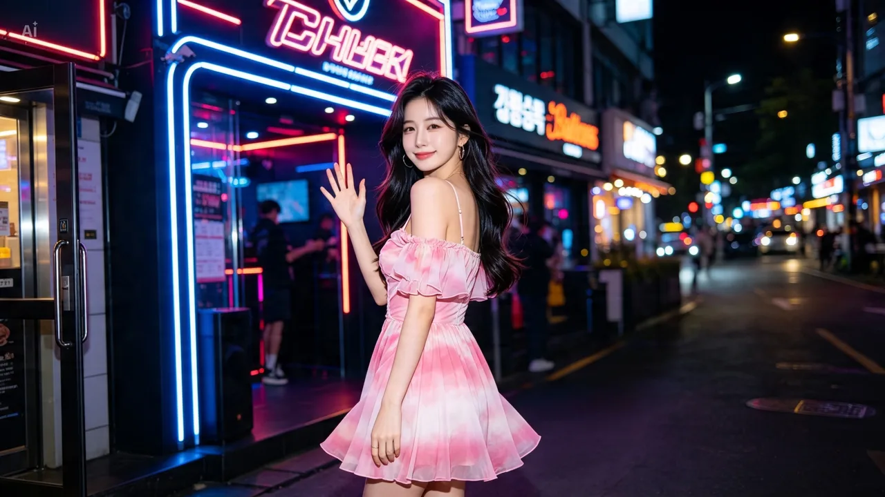서면 네온 간판 골목에서 손을 흔드는 모습