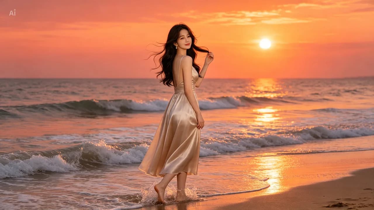 수영 해변에서 노을을 바라보는 모습