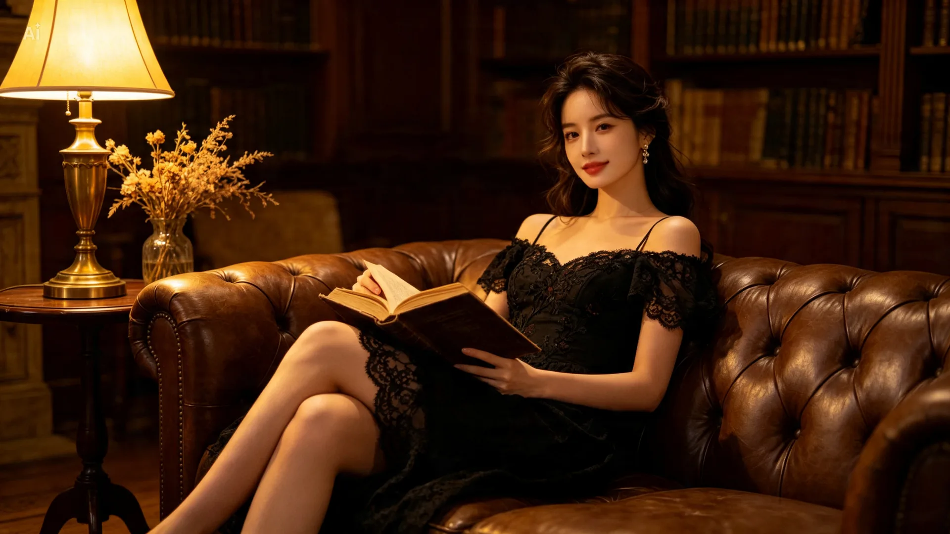 수영점 라운지 소파에서 책을 읽으며 쉬는 모습